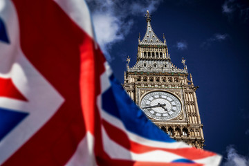 Fototapeta na wymiar brexit concept - double exposure of flag and Westminster Palace with Big Ben
