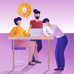 Brainstorming concept. The Flat vector illustration. Group of people holds a working discussion.