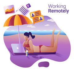 Work remotely concept. The Flat vector illustration for a banner. Young girl remotely working at a laptop lying on the beach.