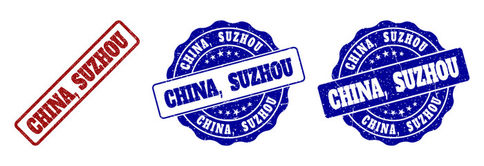CHINA, SUZHOU grunge stamp seals in red and blue colors. Vector CHINA, SUZHOU labels with grunge style. Graphic elements are rounded rectangles, rosettes, circles and text labels.