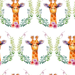 Giraffe watercolor illustration. Seamless pattern on white background.