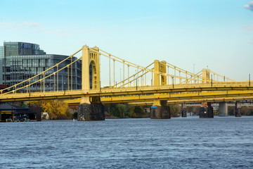 Yellow bridges over the Allegheny River in Pittsburgh, Pennsylvania.