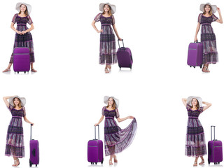 Young woman with suitcase isolated on white 