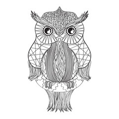 Owl on isolated white. Zentangle. Detailed hand drawn vintage bird with abstract patterns on isolation background. Design for spiritual relaxation for adults
