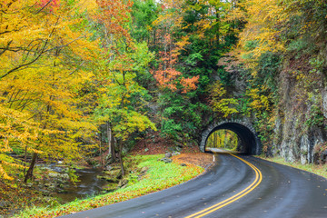 Smoky Mountain Tunnel With Colorful Autumn Foliage