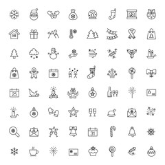 christmas xmas 100 new year winter celebration symbol vector outline line black on white background icons set