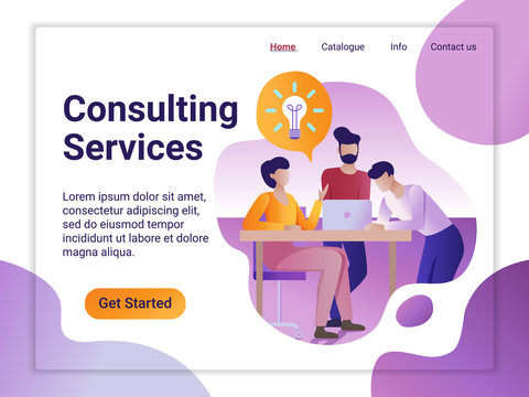 Landing page template of Online Consulting Service. The Flat design concept of web page design for a mobile website. The young people having brainstorming. Vector illustration.