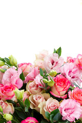 Rose and eustoma fresh flowers bouquet in two shades of pink border isolated on white background