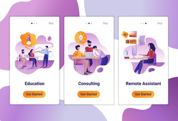 Mobile app templates of Consulting, education and remote job. The Flat design concept of pages design with mobile banners. Vector illustration of scenes with modern people at work.