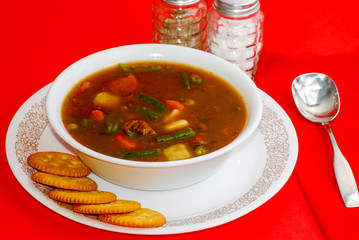 Hearty Vegetable Beef Stew on Red Table