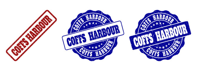 COFFS HARBOUR grunge stamp seals in red and blue colors. Vector COFFS HARBOUR labels with grainy style. Graphic elements are rounded rectangles, rosettes, circles and text captions.