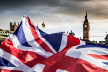brexit concept - double exposure of flag and Westminster Palace with Big Ben