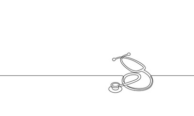 Medicine stethoscope single continuous line art. Health care World Day medical science research doctor nurse equipment silhouette concept design one sketch online drawing white vector illustration © LuckyStep