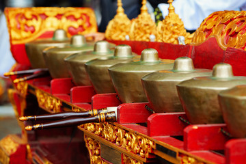 Musical instrument Reyong ( Reong) - brass gongs with mallets, part of Traditional Balinese...