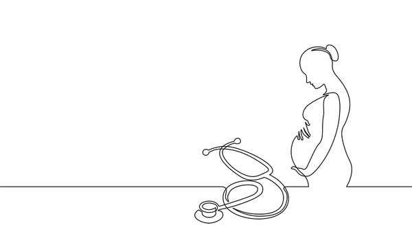 recommend clip art: Pregnant woman single continuous line art. Medicine health care pregnancy stethoscope holding belly headline silhouette concept design one sketch outline drawing white vector illustration
