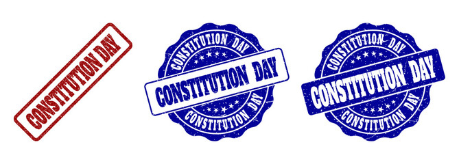 CONSTITUTION DAY grunge stamp seals in red and blue colors. Vector CONSTITUTION DAY imprints with grunge surface. Graphic elements are rounded rectangles, rosettes, circles and text captions.