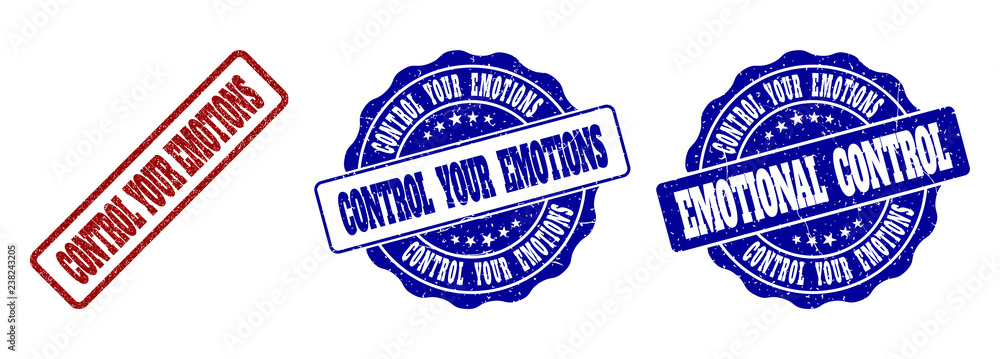 Poster control your emotions grunge stamp seals in red and blue colors. vector control your emotions labels