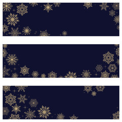 Vector banners snowflakes. On a dark blue background gold snowflakes. Winter ornament.
