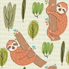 Seamless pattern. Vector hand drawn illustration with funny sloths.