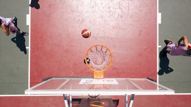 Aerial top view of basketball hoop and basket