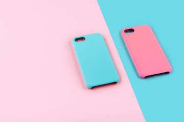 Blue and pink pastel color of phone case on colorful background