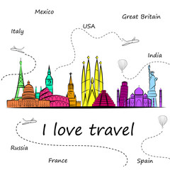 Naklejka premium World s most popular tourist sights. Tourism banner with quote