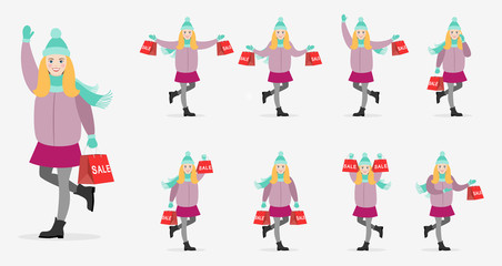 Character girl in winter clothes with shopping. Girl in various poses with shopping in her hands. Flat illustrations for design.
