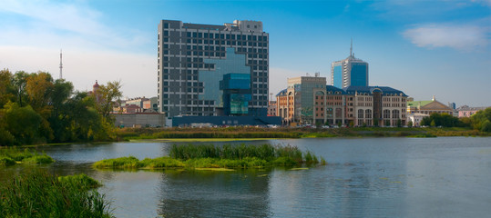 Fototapeta premium Panorama of the embankment of the river Miass