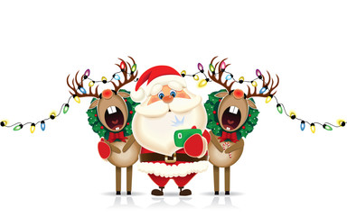 Santa Claus and two decorated Reindeers taking selfie isolated on a white background