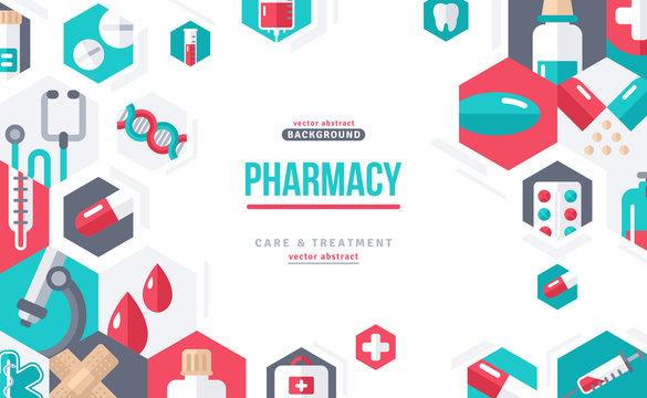 Pharmacy Banner Icons In Hexagons