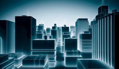 Abstract Futuristic city scape With Neon Glowing Light White Color on blue. Hi-Tech Dark building background concept with line. 3D Rendering Illustration