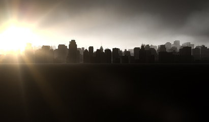 Obraz premium Silhouette cityscape background with sun shine. Black buildings with smoke. 3D Rendering Illustration.
