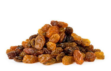 Heap of raisins closeup on a white. Isolated.