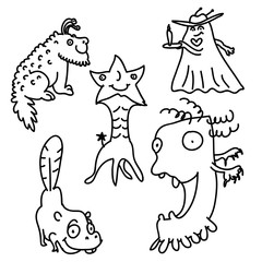 Zestaw doodles słodkie potwory. Doodles śmieszne i słodkie potwory wektor. Śmieszna ilustracja potwora dla dzieci, chłopców, dziewcząt. Wektor znaków lineart dla piżamy, tkaniny, tkaniny - 238248442