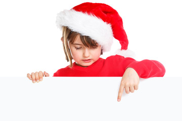Weihnachten Kind Mädchen Weihnachtsmann Nikolaus zeigen Schild Textfreiraum Copyspace Freisteller