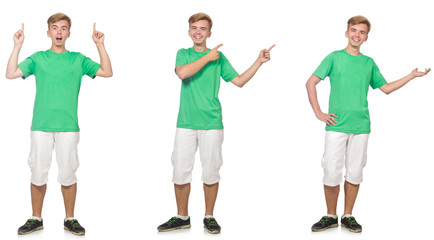 Fototapeta premium Young boy in green t-shirt isolated on white 