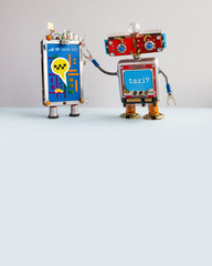 Robotic car taxi service advertising poster. Robot recommends calling a taxi using the smartphone...