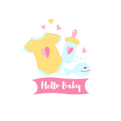 Vector Illustration. Design template card with cartoon style icons of cute whale, onesie, bottle of milk, text. Simple elements for kid comfort and baby shower party.
