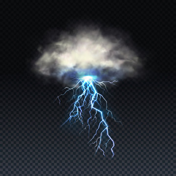 Vector realistic lightning with grey cloud isolated on transparent background. Natural light effect from the sky, bright glowing. Magic blue thunderstorm, design element. Electric charge, stormy spark