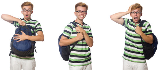 Young student with backpack isolated on white 