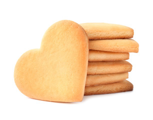 Homemade heart shaped cookies on white background
