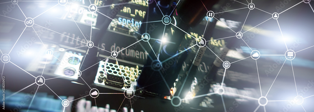 Poster telecommunication concept with abstract network structure and server room background.