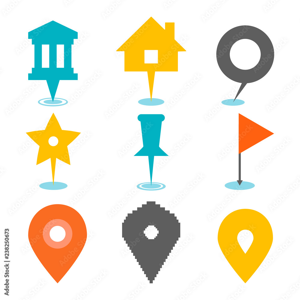 Poster set of navigational markers of different shapes. navigation pins, map pointer, navigational mark, na