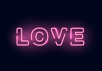 Pink bright inscription love, neon sign. Isolated design element for Valentine's day. Retro sign board.