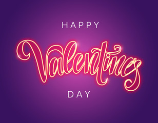 Happy Valentine's day glowing script lettering inscription, vector neon sign. Valentine's day neon sign.