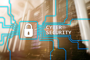 Cyber security, information privacy and data protection concept on server room background.