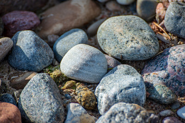 rock covered beach in countryside in Latvia, large rocks in water