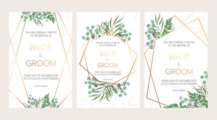 Wedding floral invitation, thank you modern card: rosemary, eucalyptus branches on white marble texture with a golden geometric pattern. Elegant rustic template. All elements are isolated and editable