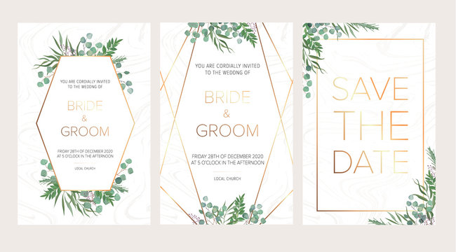 Wedding floral invitation, thank you modern card: rosemary, eucalyptus branches on white marble texture with a golden geometric pattern. Elegant rustic template. All elements are isolated and editable