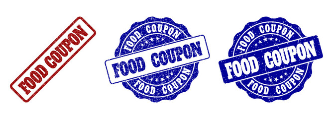 FOOD COUPON grunge stamp seals in red and blue colors. Vector FOOD COUPON overlays with draft style. Graphic elements are rounded rectangles, rosettes, circles and text labels.